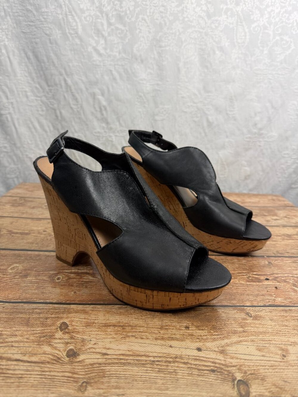 Franco Sarto Women’s Black Leather Peep Toe Cork Wedge Sandals Ankle Strap 10